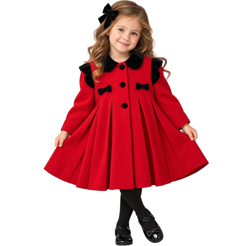 VINTAGE Braetan Kids Girls 4T Red Wool Pleated Coat Black Velvet Bows Ukraine